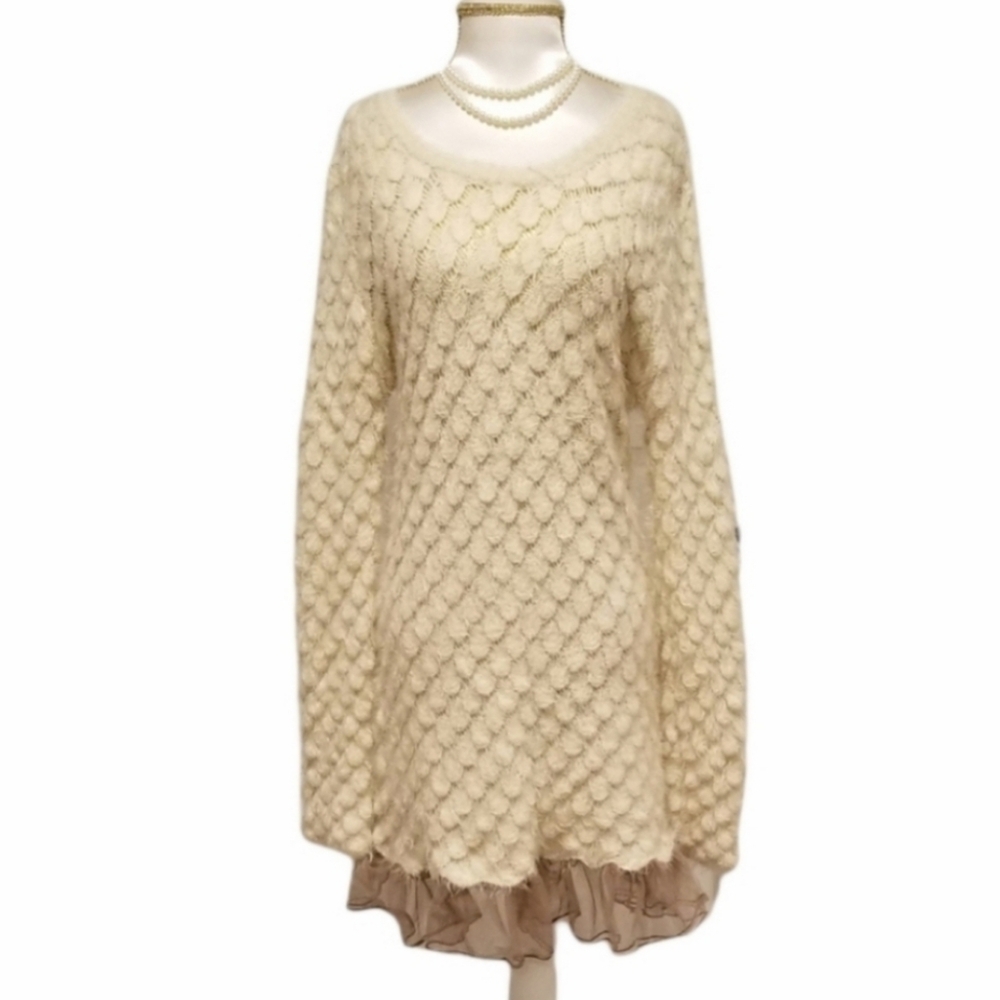 Hem & Thread Cream / Tan Knit Long Sleeve Sheer Mesh Hem Boho Sweater Dress